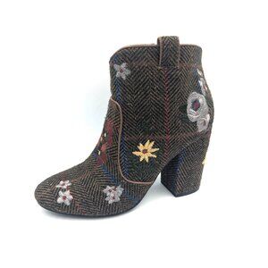 Indigo Rd Women’s Sz 8 Herringbone Tweed Embroidered Floral Ankle Booties Boots